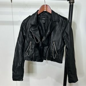H&M Cropped Faux Leather Biker Jacket with Silver Hardware